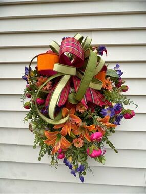 Summer Floral Wreath Arrangement with Green & Orange Ribbon